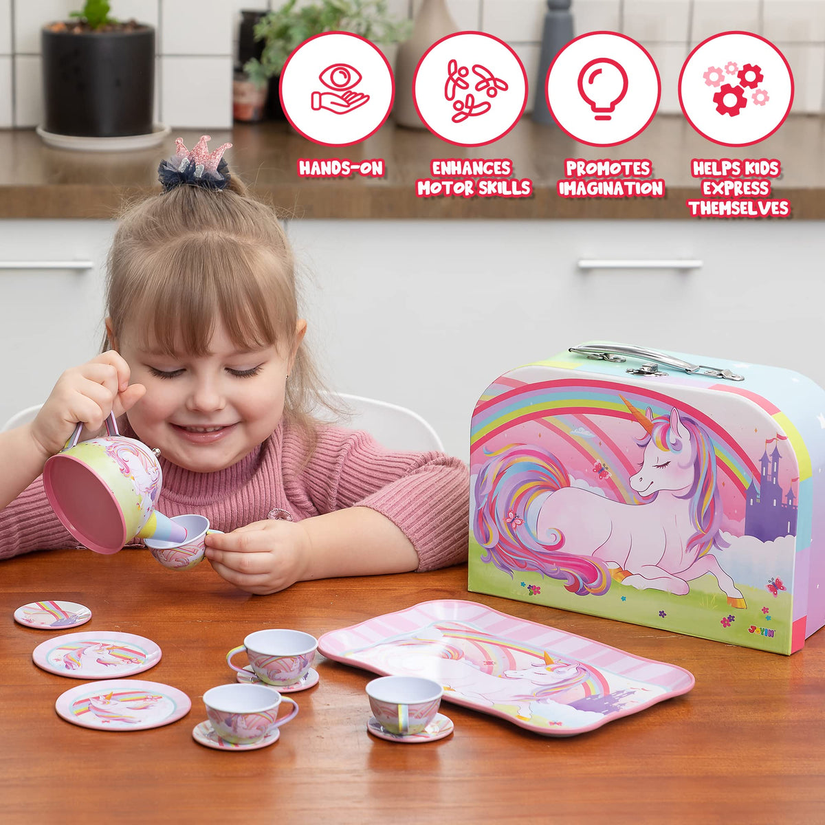 JOYIN Unicorn Tea Party Set for Little Girls, Pretend Pink Tin Teapot Set, Princess Tea Time Play Kitchen Toy with Teapot, Cup, Plate, Carrying Case for Kids Toddlers Age 3 4 5 6, Easter Birthday Gift