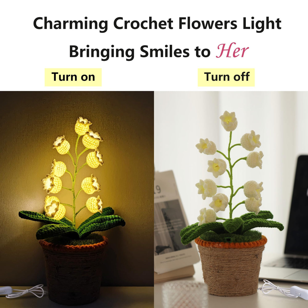 ANZRLE Lily of The Valley Lamp, White Crochet Artificial Flowers with Night Lights, Table Lamp with USB Port -Birthday Gifts for Women,Cozy Home Decor Mothers Day Gifts