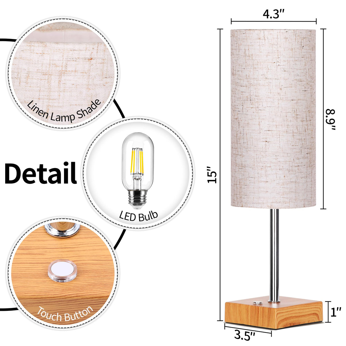 Cordless Table Lamp with Dimmable, Rechargeable 3 Modes Battery Powered Bedside Lamp, rv Essentials Battery Operated Lamps, Touch Lamp for Bedroom, Living Room, Reading Room,15 Inch Beige wood 2PK