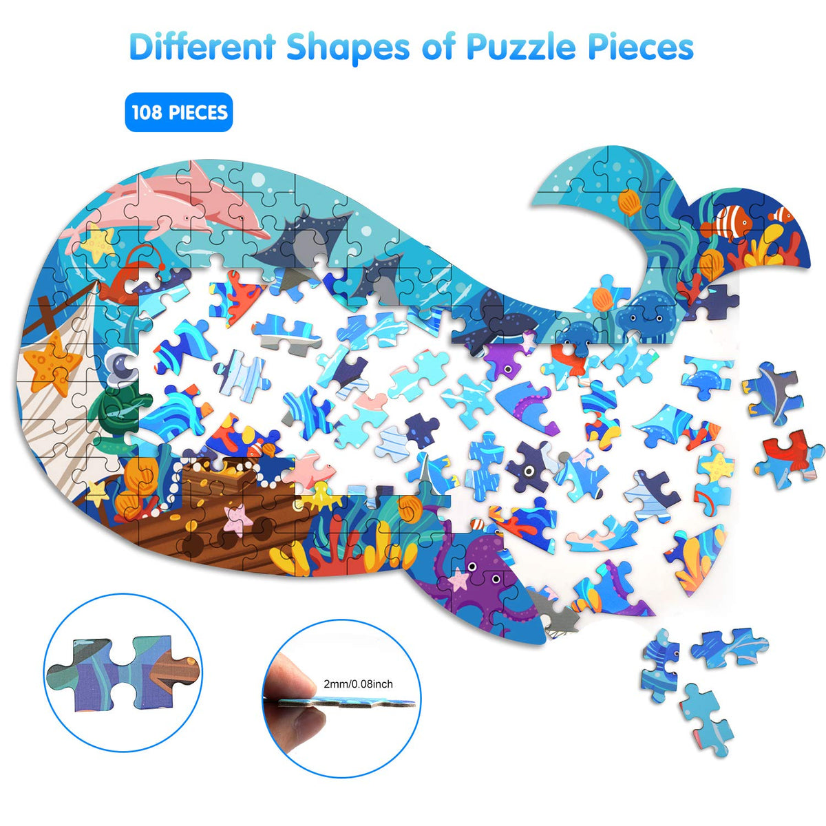 Jigsaw Puzzles for Kids Ages 4-8, 108 Pieces Whale Shaped Cardboard Puzzles for Animal Lovers, Sturdy Floor Puzzles Box and Poster, Educational Toys Gift for Boys Girls, 23.38 x 14.72 Inch