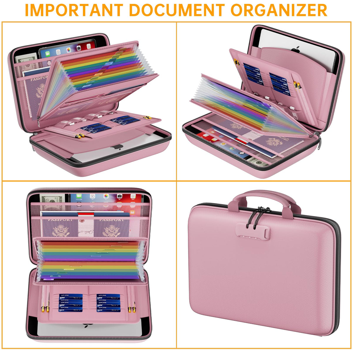 DocSafe Fireproof File Organizer with Lock, Hard-Shell Case Fireproof Document Box with 13 Pocket Accordion File Folder, Portable Home Office Travel Safe Storage for Important Documents Laptop Pink