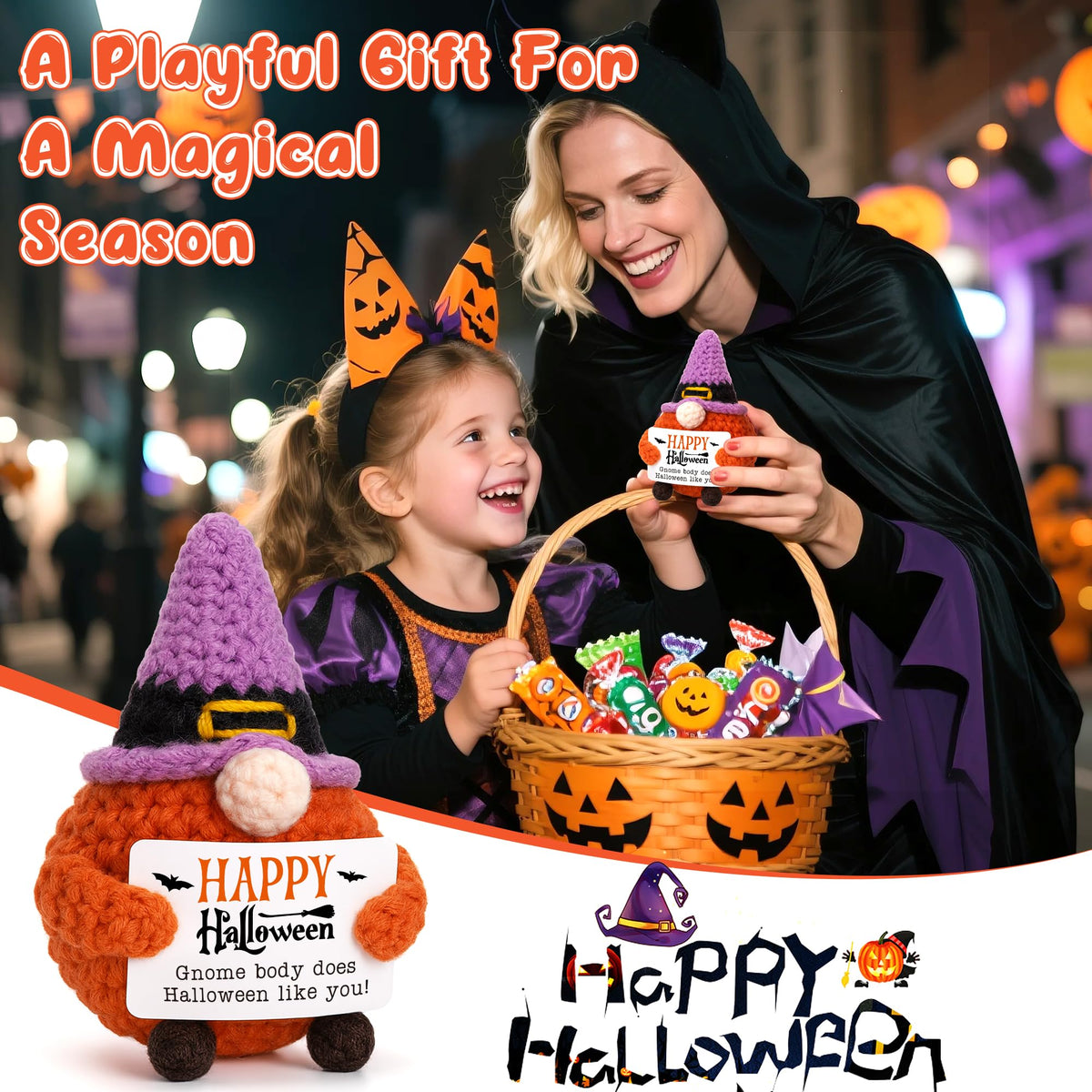BVXFR Mini Halloween Gnome Witch Hat Boo Basket Stuffers Gifts for Women Men Spooky Halloween Decorations Indoor Gifts for Teen Girl Boy Kid Friend, Handmade Crochet Gnome Pumpkin Decor