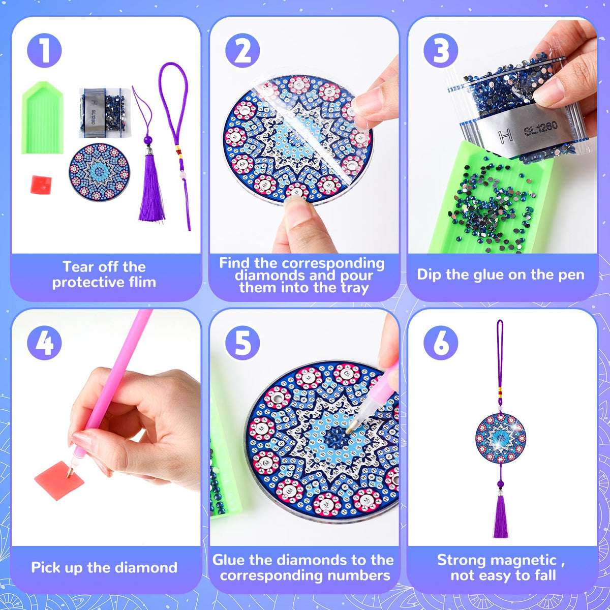 Saillong 16 Pcs Diamond Art Car Ornaments Mandala Diamond Painting Kit Ornament for Car Hanging Suncatchers Charm for Rear View Mirror Double Sided Painting Crystal Gem Garden Decoration Paint DIY Kit
