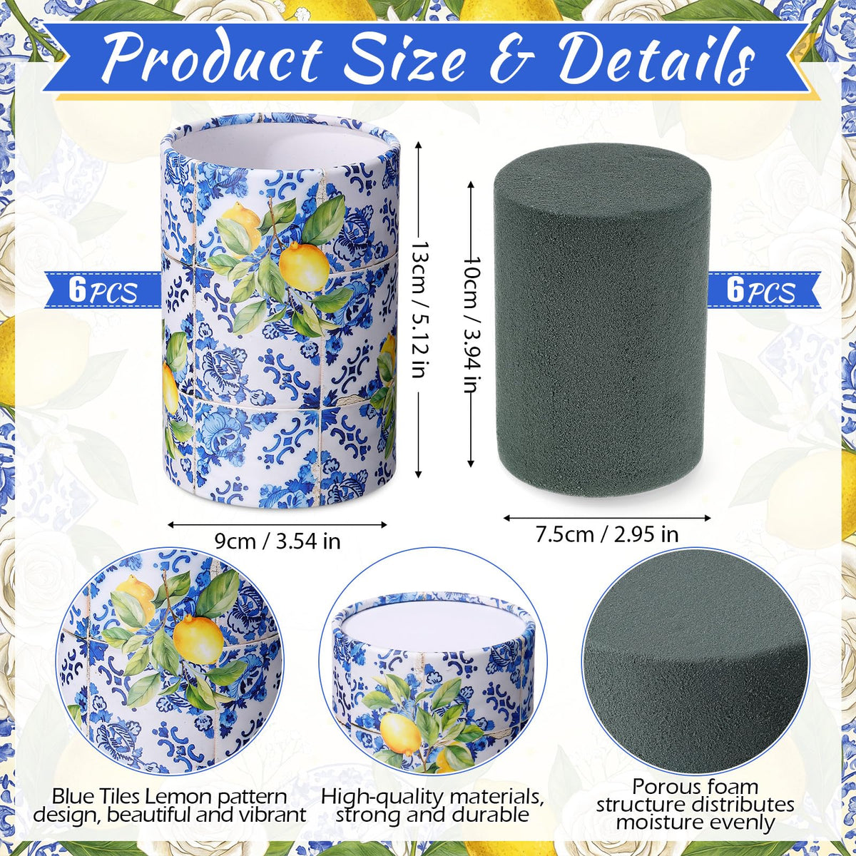 LemonRoad 6 Sets Blue Tiles Lemon Table Centerpiece for Wedding Amalfi Coast Cylinder Flower Boxes with Floral Foam Blocks Capri Mediterranean Positano Decorations Birthday Party Home Decor