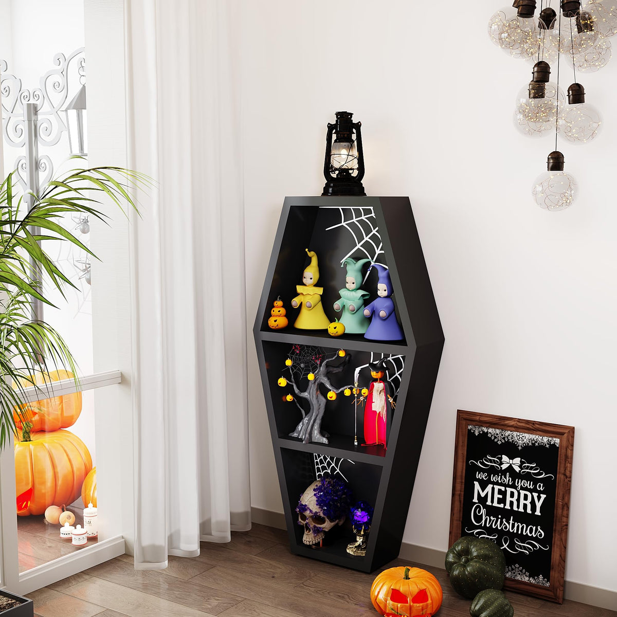 LUPWNEKA 24 in Halloween Goth Coffin Bookshelf with Spider Web, Wooden Gothic Coffin Bookshelf for Home, Black Spooky Curio Shelf for Home Decor, Witchy Room Decor for Oddities