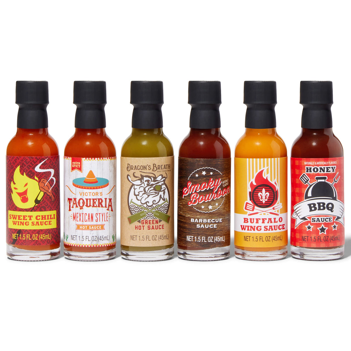 Thoughtfully Gourmet, Street Food Sauces Hot Sauce and BBQ Gift Set, Flavors: Diablo Wings Sauce, Louisiana and More, Vegan and Vegetarian, Set of 6