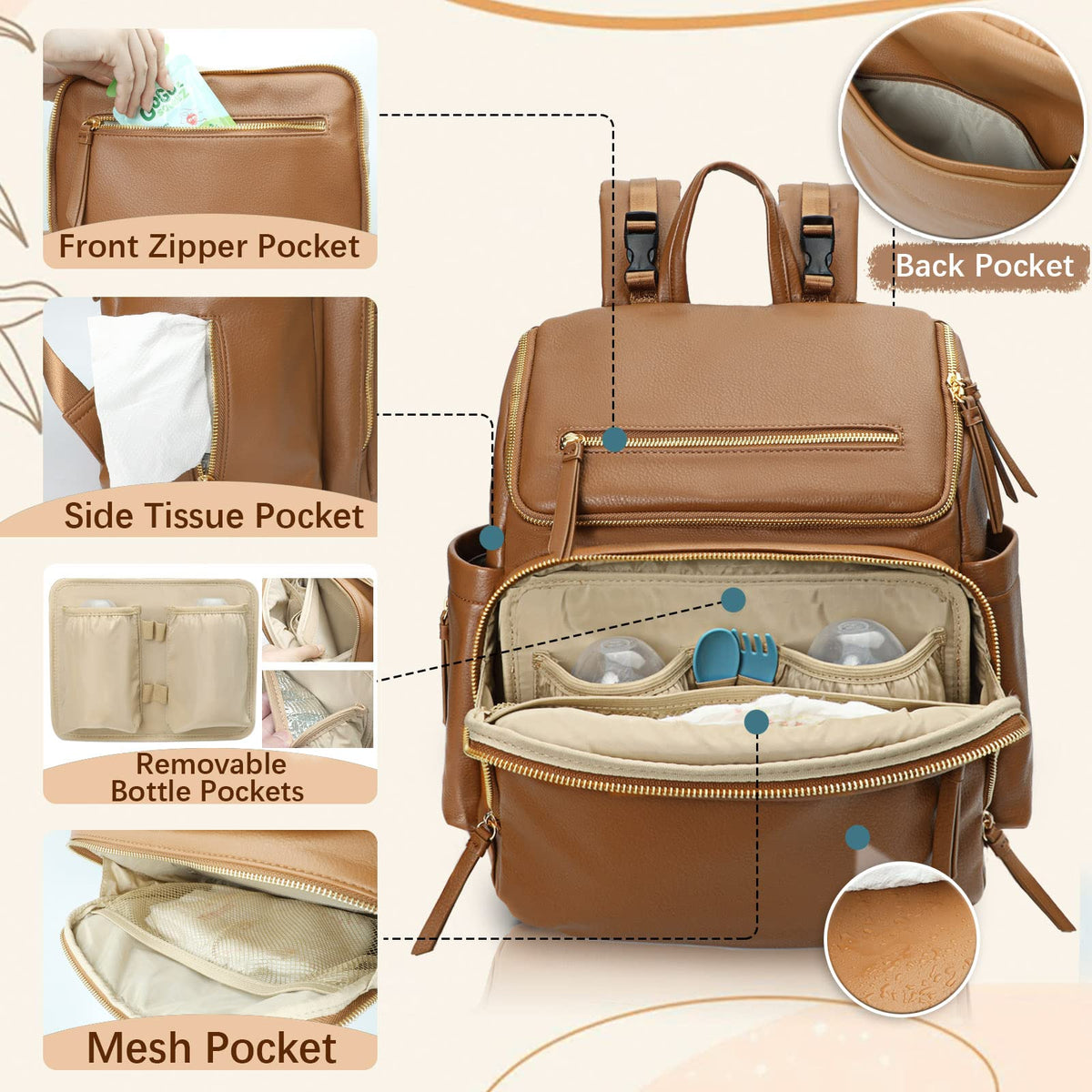 Omanmoli Diaper Bag Backpack Large Baby Diaper Bag Leather with 17 Diaper Bag Organizing Pouches,Changing Pad,Stroller Straps,4 Insulated Pockets,Brown