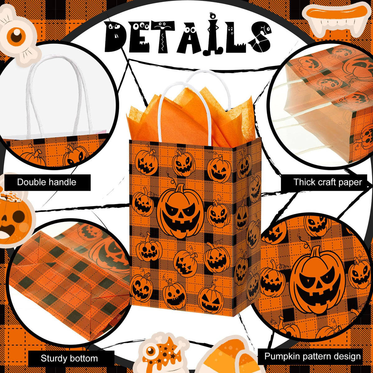 Kolldenn 24 Pcs Halloween Paper Gift Bags with Tissue Paper Pumpkin Goodie Treat Bags with Handles Wrapping Candy Party Favors Bag for Celebration Supplies Decorations