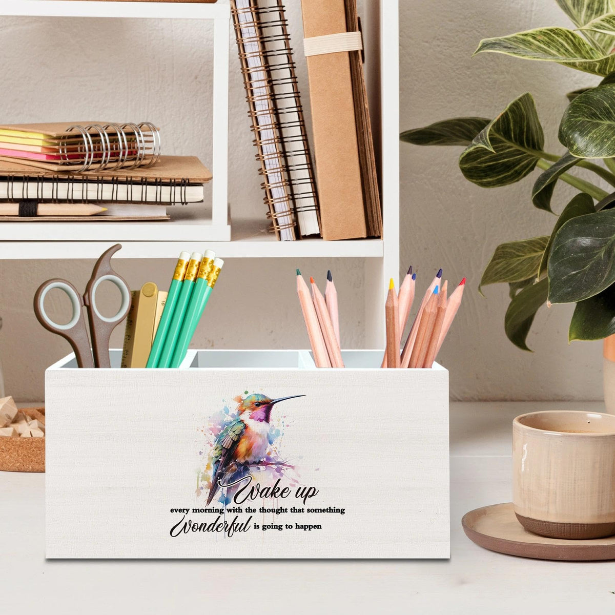 DILSJ Hummingbird Inspirational Pen Pencil Holder Organizer for Desk, Inspirational Gifts for Women, Motivational Quotes Wooden Box Signs for Home Office Desk Tabletop Decoration， Supplies