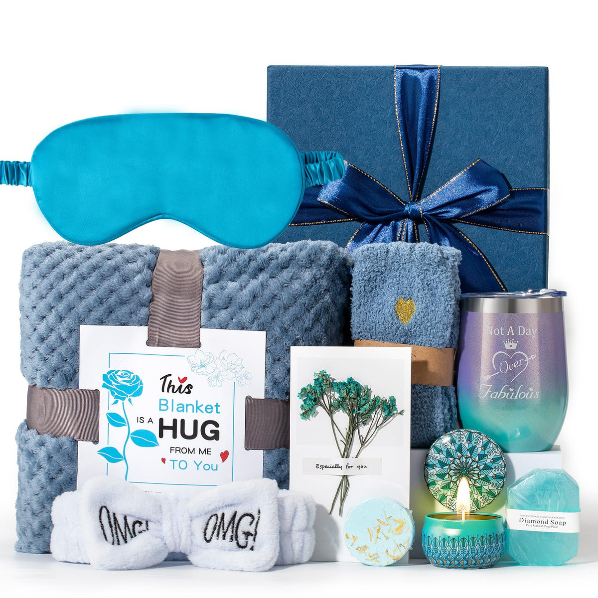 Gifts Basket for Women,Birthday Gifts for Women Birthday Presents Friendship Gifts Get Well Soon Gifts Self Care Package Gifts Blue Gift Box Relaxing Set Unique Gifts with Blanket for Mom,Wife,Sister