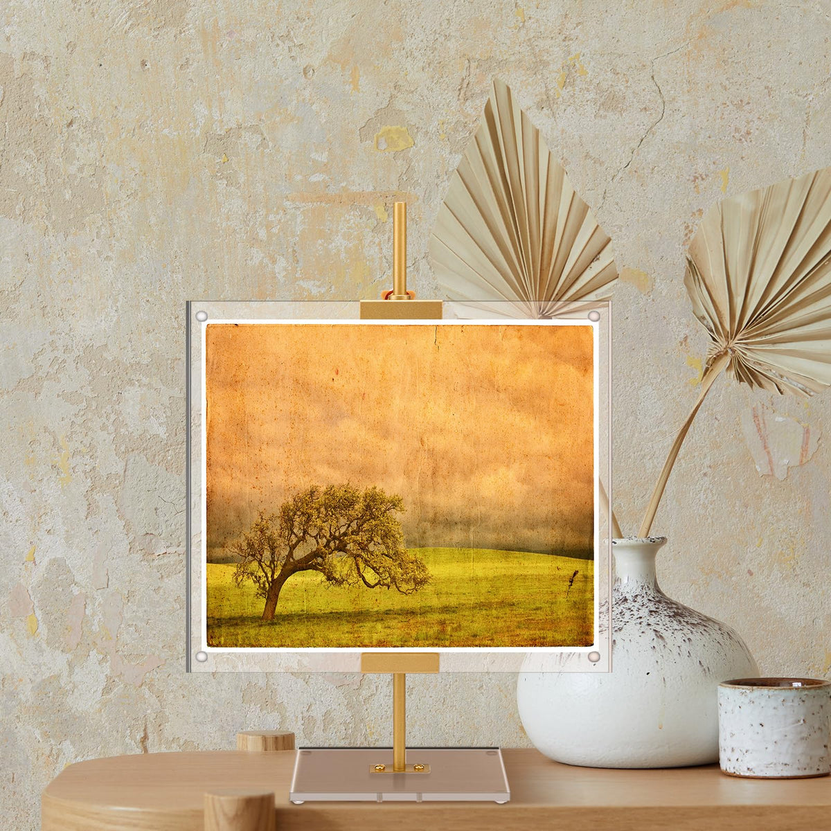 RattanView Adjustable Metal Easel Stand with Acrylic Floating Photo Frame 16.5" Tabletop Metal Standing Easel Display Stand for Display Picture, Frame, Photos, Art, Poster, Signs(Gold,Acrylic Base)