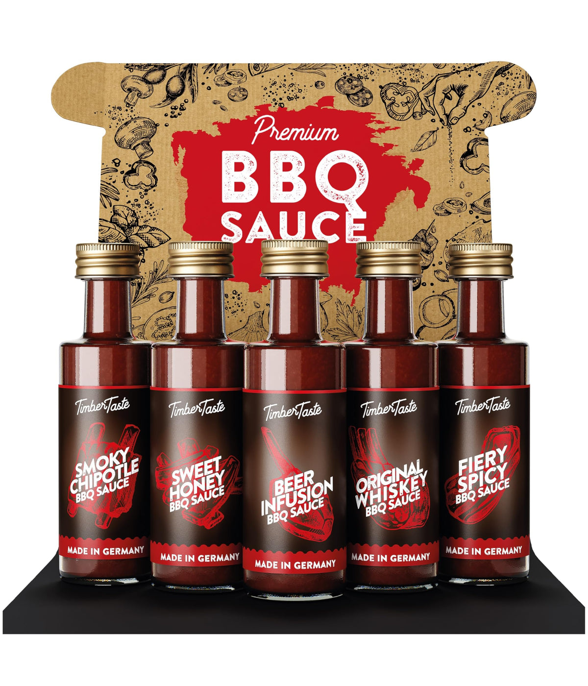 TIMBER TASTE® BBQ Sauce Gifts for Men [5x40 ml] - BBQ Sampler Set with Rubs and 5 Gourmet Barbecue Blends | BBQ Gift Sets | Grill Sauces Gift Set | BBQ Sauce Kit for Dads Birthday Present Box