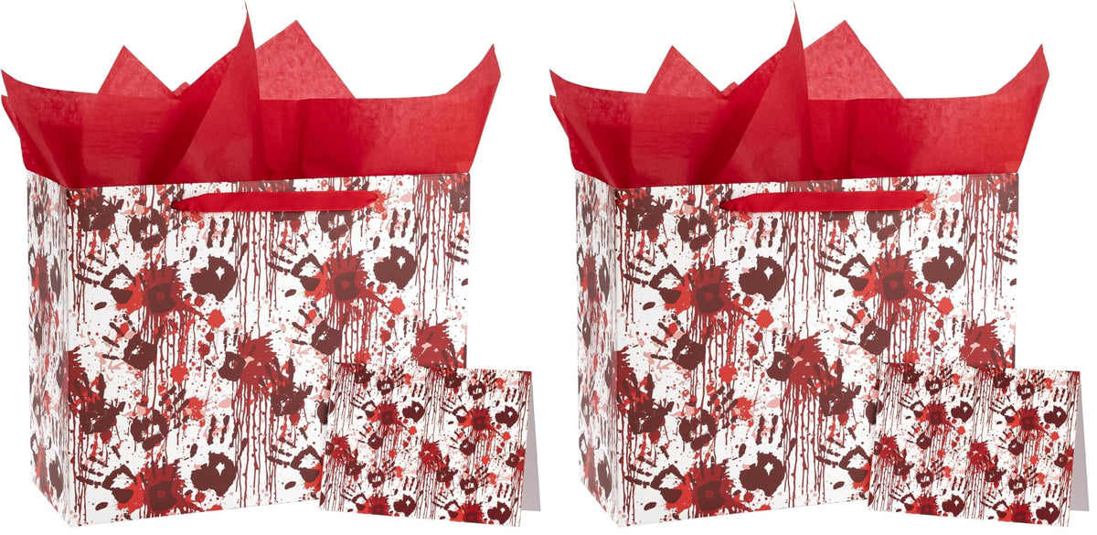 WRAPAHOLIC Bloody Halloween Large Gift Bags with Tissue Paper and Card - 10 x 5 x 13 inch - Spooky Blood Splatter and Handprint Halloween Paper Bags for Holiday, Party Gift Wrap (Pack of 2)