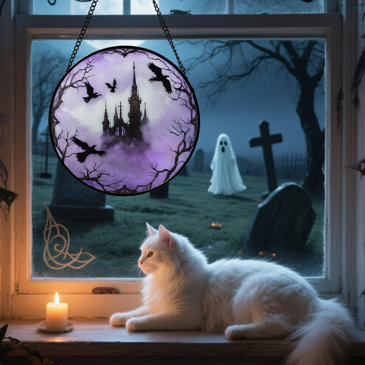 CRISGIF Stained Glass Window Hanging - Halloween Gothic Castle Purple Smoke Suncatcher for Doors Garden Home Spooky Crow Sun Catchers Gothic Decor Horror Gift for Women Men Friend Boy Girl 9.8 in