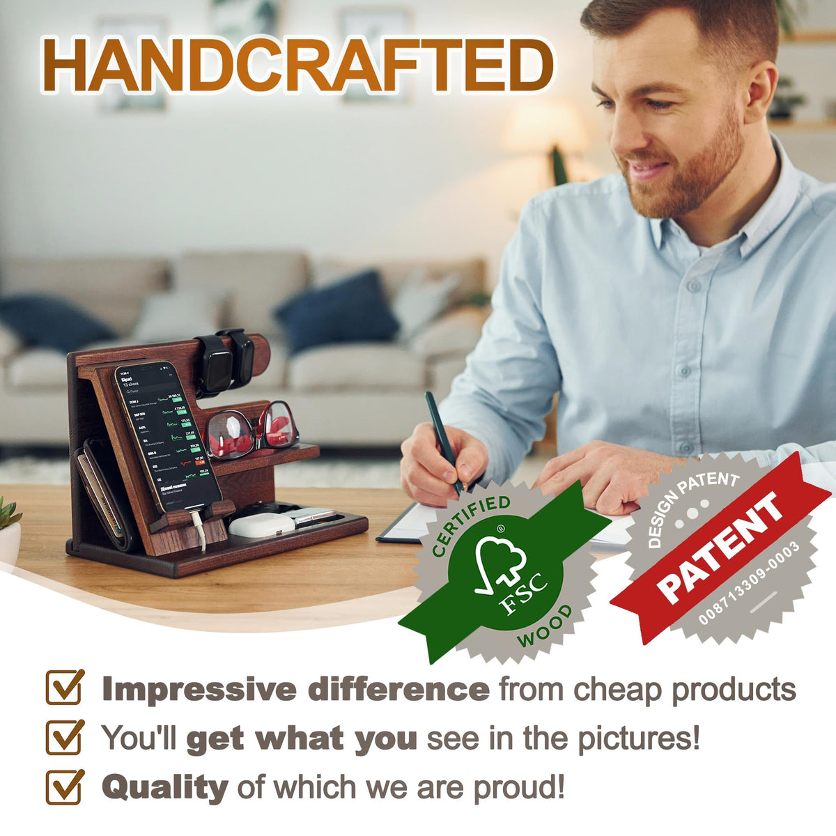 TESLYAR Wood Phone Docking Station for Men - Desktop or Nightstand Organizer - Birthday Gifts for Men, Dad - Anniversary Idea from Wife - Key Holder, Stand Wallet, Watch & Essentials (Bourbon Brown)