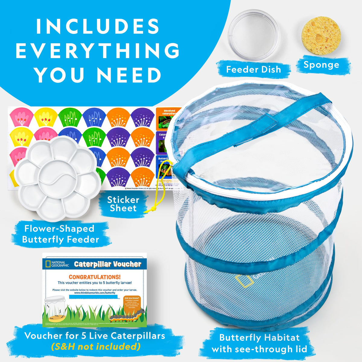 National Geographic Butterfly Growing Kit - Butterfly Habitat Kit with Voucher to Redeem 5 Caterpillars (S&H Not Included), Butterfly Cage, Feeder (Amazon Exclusive)