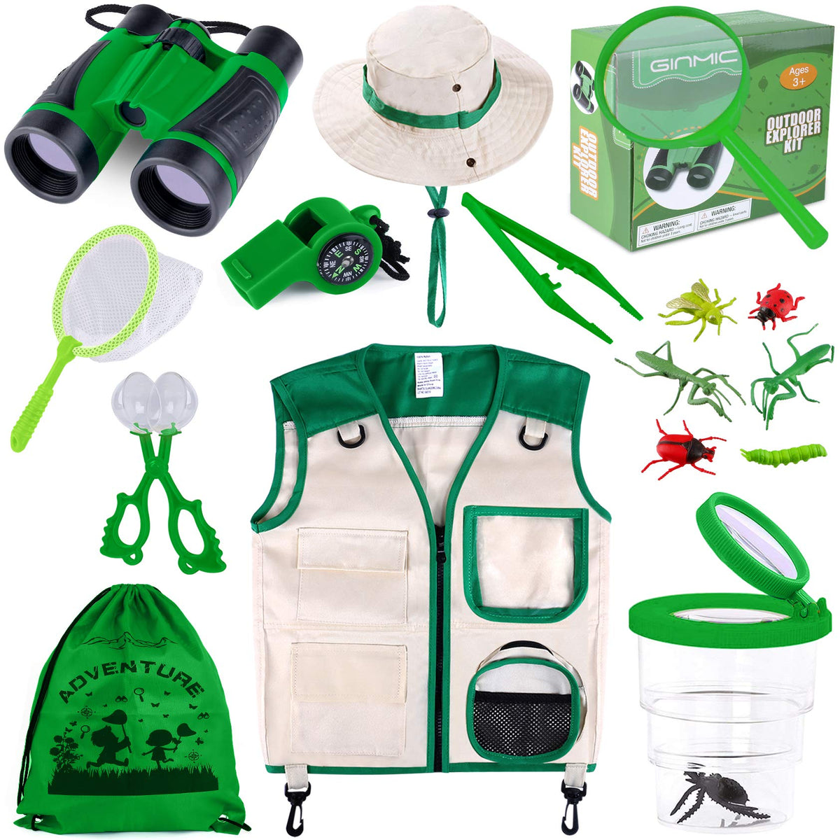 GINMIC Kids Explorer Kit & Bug Catching Kit, 16 Pcs Outdoor Exploration Safari Kit for Kids Camping with Binoculars, Adventure, Hunting, Hiking, Educational Toy Gift for 3-12 Years Old Boys Girls