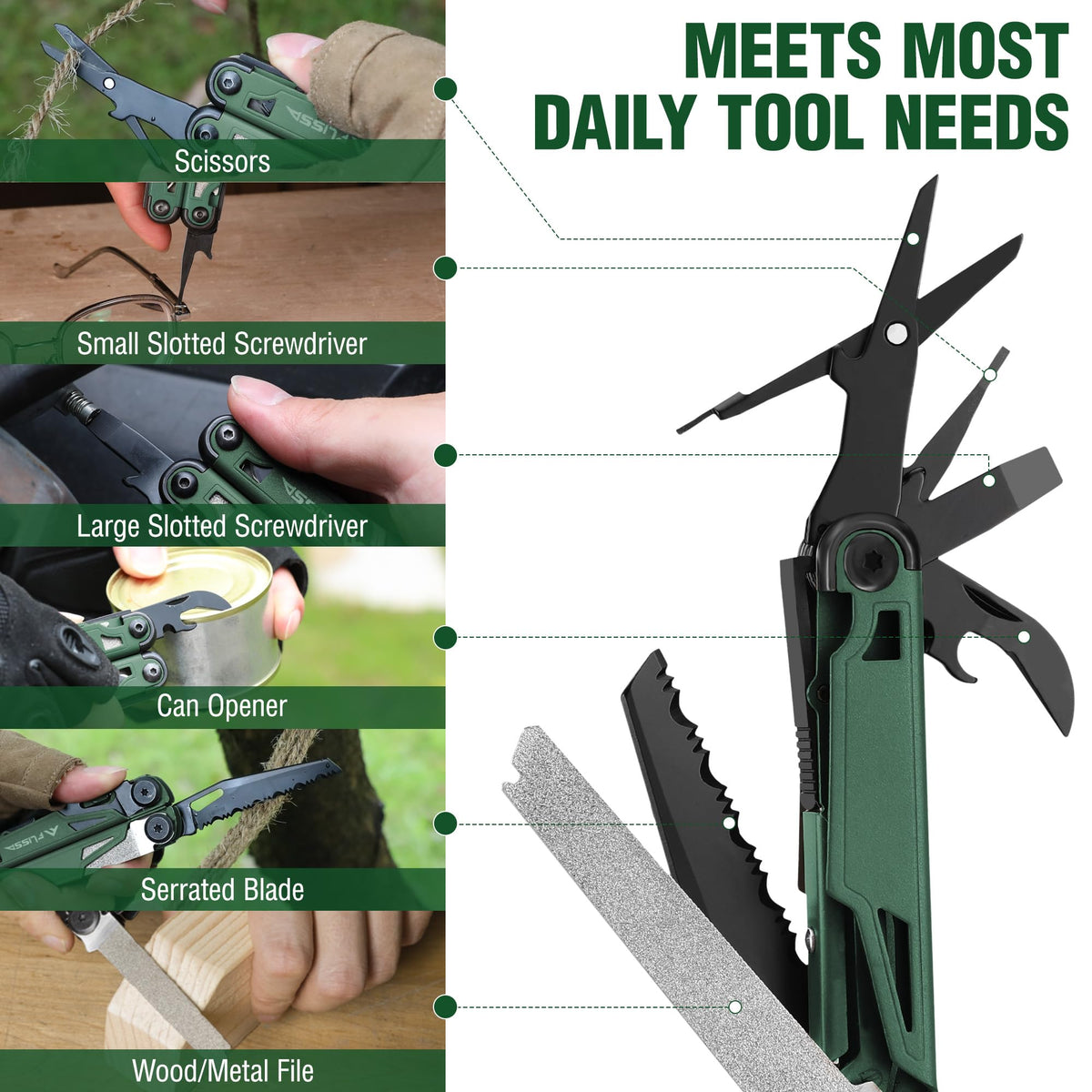 FLISSA Multitool, 15-in-1 Multi Tool Pocket Knife with Sheath, Stainless Steel EDC Multitool Pliers for Men, All-in-One Tools for Camping, Fishing, Survival