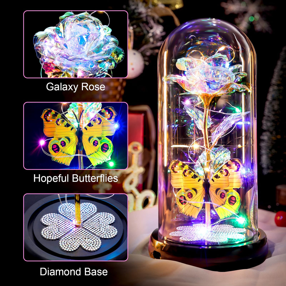 Mothers Day Rose Gifts for Mom Birthday Gift for Women, Rechargeable Galaxy Glass Rose in Glass Dome Colorful Crystal Flower Butterfly Mother's Day Flowers Gifts for Women Mom Wife Grandma Daughter