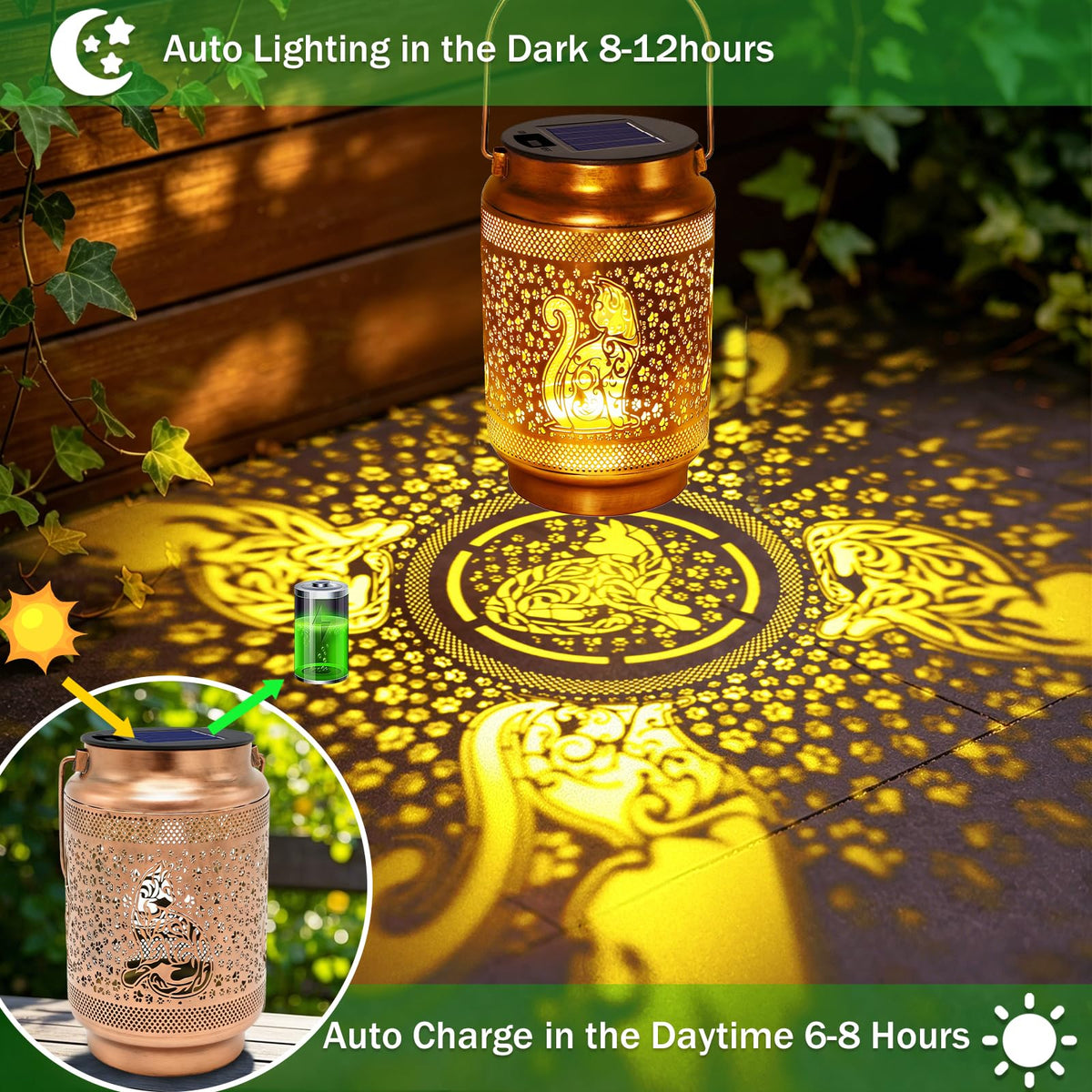 2 Pack Cat Solar Lanterns Outdoor Waterproof Garden Decor, Dragonfly Birthday Gifts for Christmas Women Mom Grandma, Metal Hanging Solar Lights for Outside Yard Patio Pathway Backyard Porch