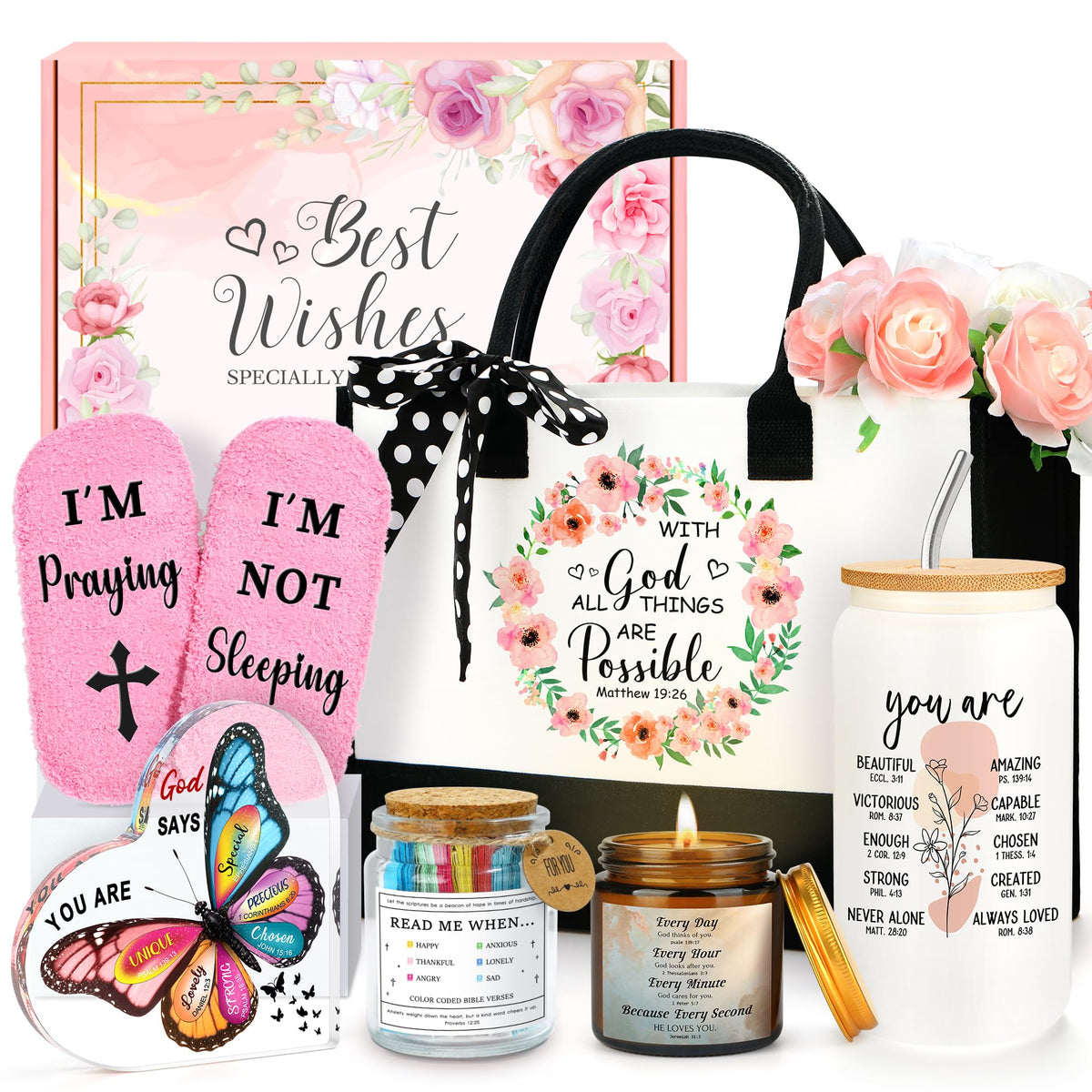 Christian Gifts for Women Faith Based Gift Inspirational Gifts for Women Birthday Unique Catholic Gift Bible Accessories Inclue Bible Verse Jar Butterfly Decorations Socks Glass Can Candles Tote Bag