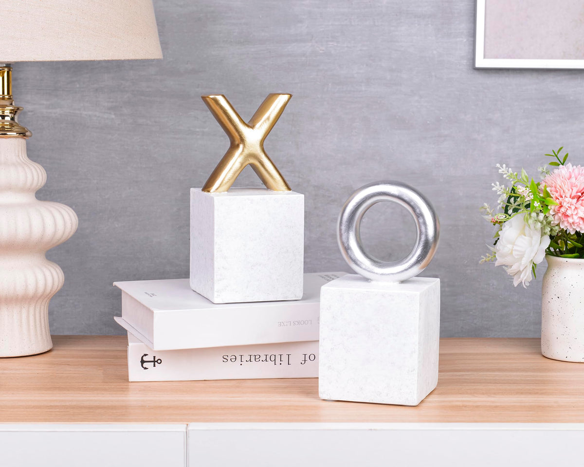 Kakizzy Modern Decorative Bookends,Resin Book Ends for Shelves,Unique X and O Design Book Stopper Decor for Desk Home,Non-Slip Book Holder Shelf Decor,Gifts for Valentine's Day (Gold/Silver)