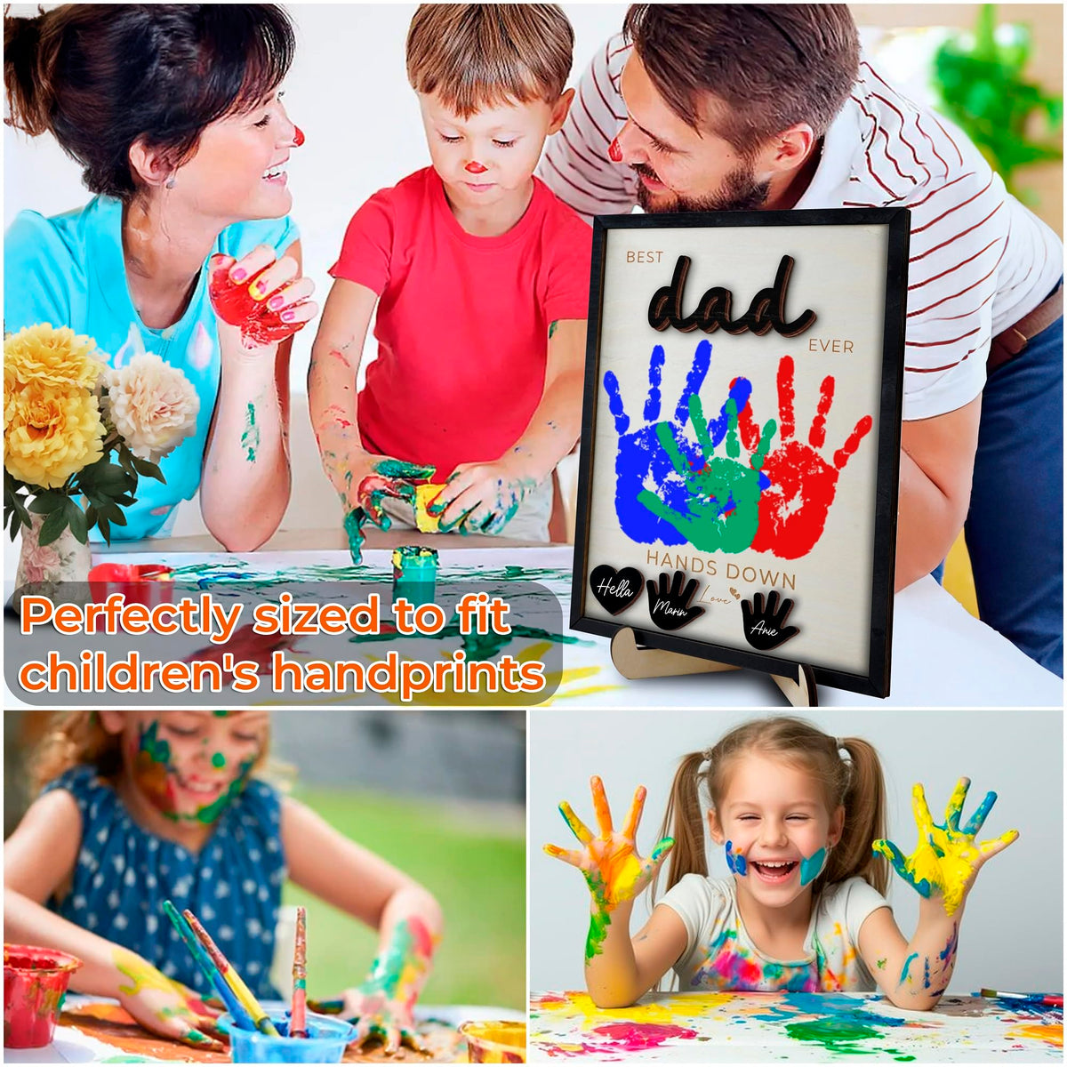 10" Best Dad Ever Hands Down Sign DIY Dad Gifts from Kids Handprint Kit with Acrylic Paint, Toddler Craft Birthday Gift Father's Day for Daddy, Papa Family Plaque with Daughter, Son Names HF90-D