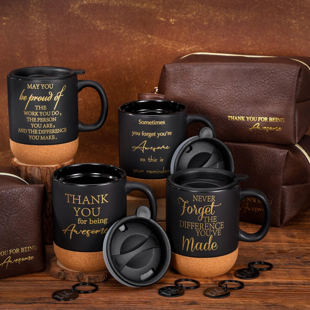 DERTE 12 Pcs Thank You Gift for Men Male Teacher Coworker Employee Appreciation Gift 15 oz Coffee Cup Leather Toiletry Bag Inspirational Keychain Set for Boss Staff Dad Fathers Day Husband Friends