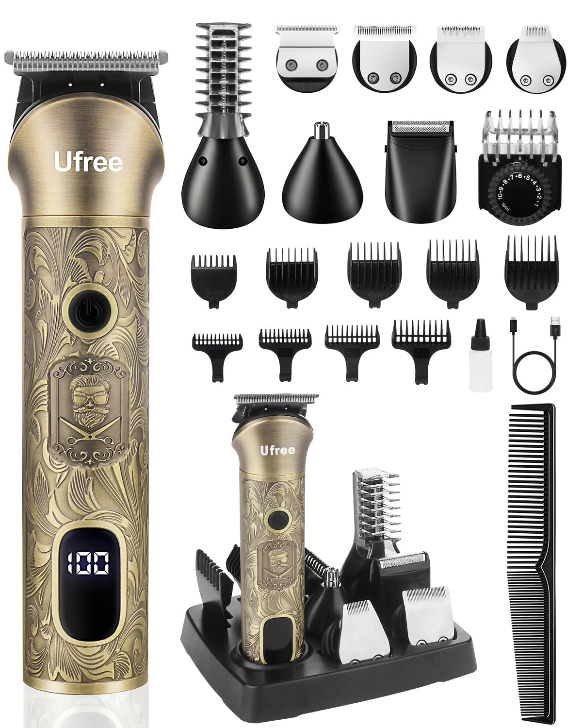Ufree Beard Trimmer for Men, Electric Razor Shaver, Cordless Hair Clipper Shaving Kit for Mustache Body Nose Ear Hair Facial, Adjustable Beard Grooming Kit Birthday Gifts for Men