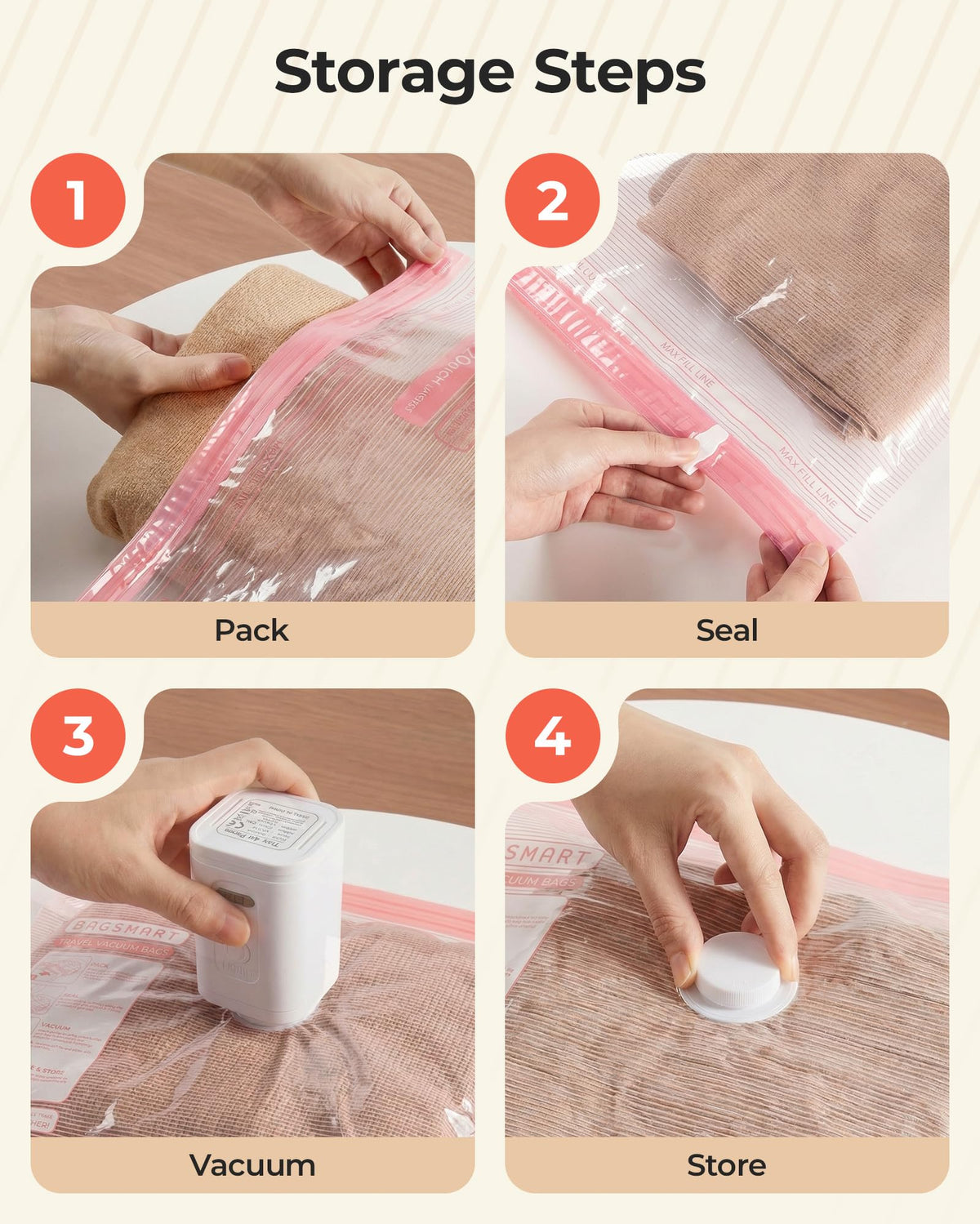 BAGSMART Vacuum Bags for Travel with Rechargeable Air Pump, Portable Space Saver Bags for Travel & Home, Vacuum Compression Seal Bag for Clothing, 18 Pack Pink with Shoe, Laundry & Toiletry Bags
