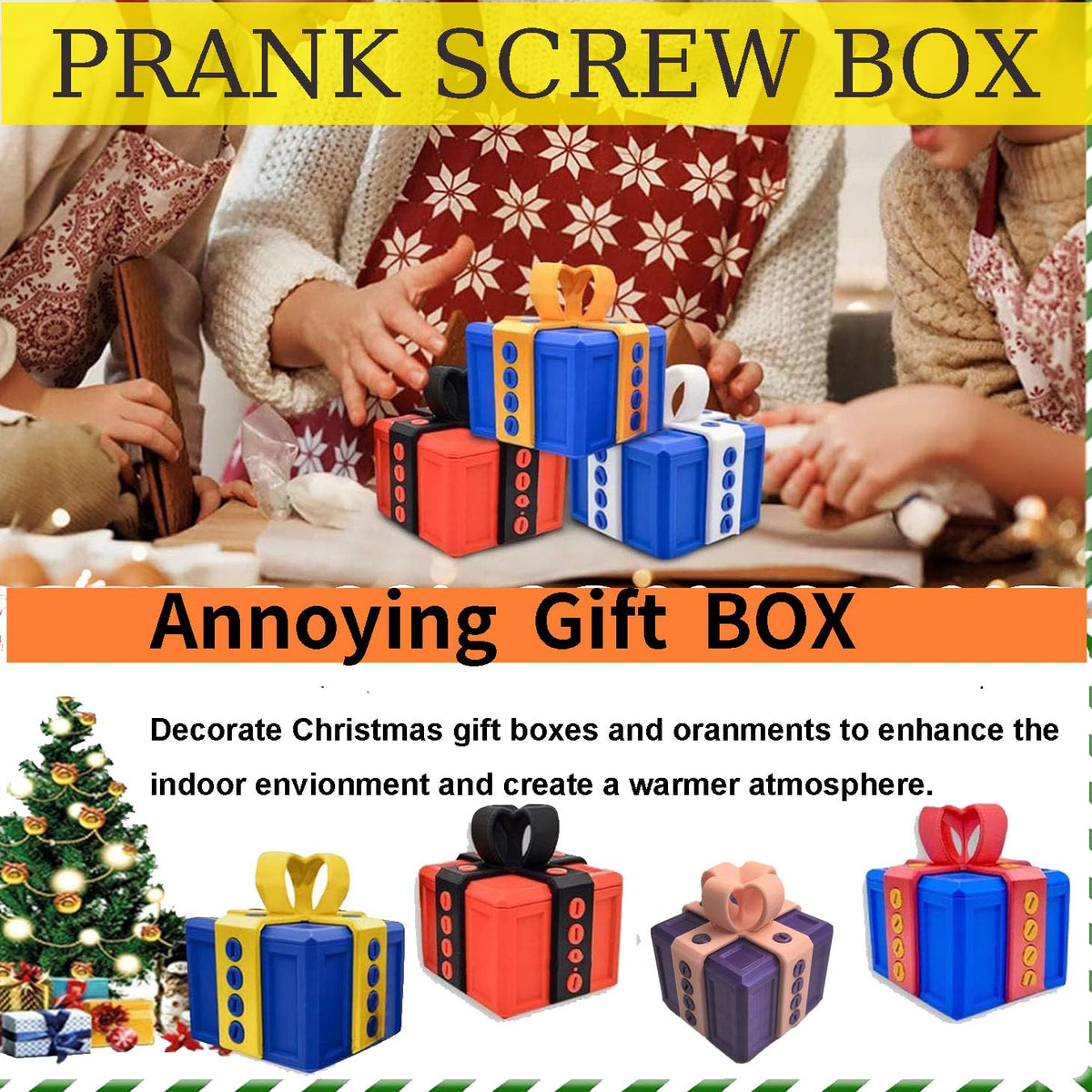 Annoying 3D Printed Gift Box with Screws - Funny Christmas Decoration, Magic Gift Box for Friends (Red and Green, White Button)