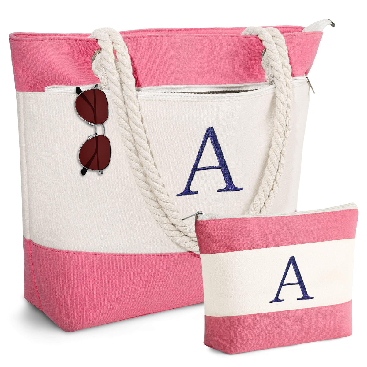 YOOLIFE Birthday Gifts for Women - Mothers Day Gifts, Beach Bags for Women, Pink Beach Bags Waterproof Sandproof Initial Canvas Tote Bag Mom Girlfriend Teacher Sister Friend Female Her Gift Idea A