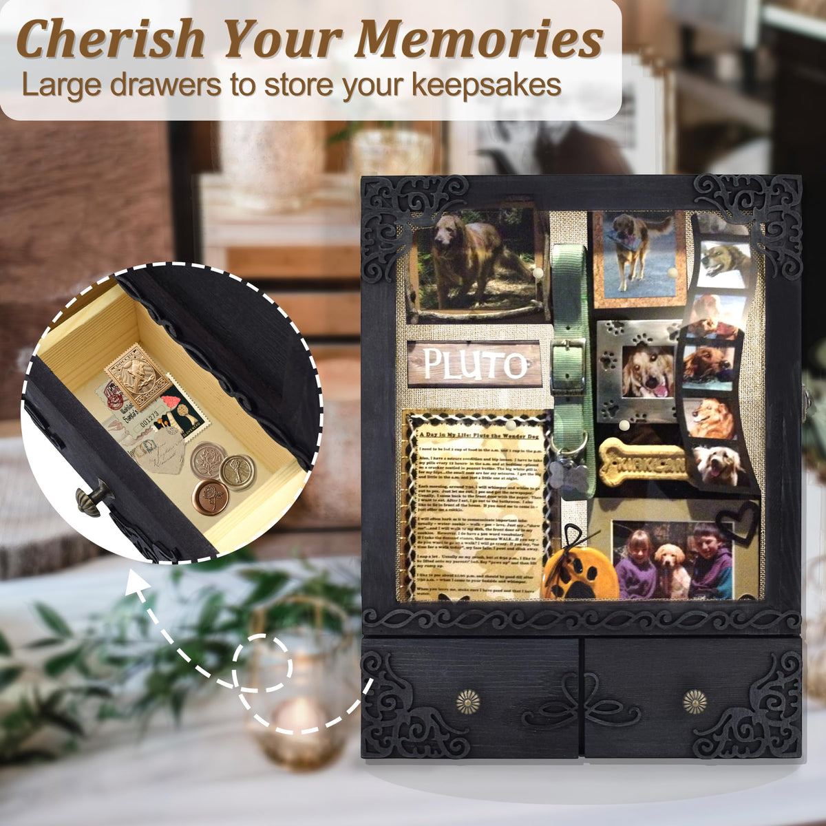 KWYADLUO 11x16 Shadow Box Frame with Light, Memorial Display Case with Shelves, Drawer and Slot for Keepsakes, Deep Memorial Shadow Box for Pet Memorial, Dog Keepsakes and Flowers, Black