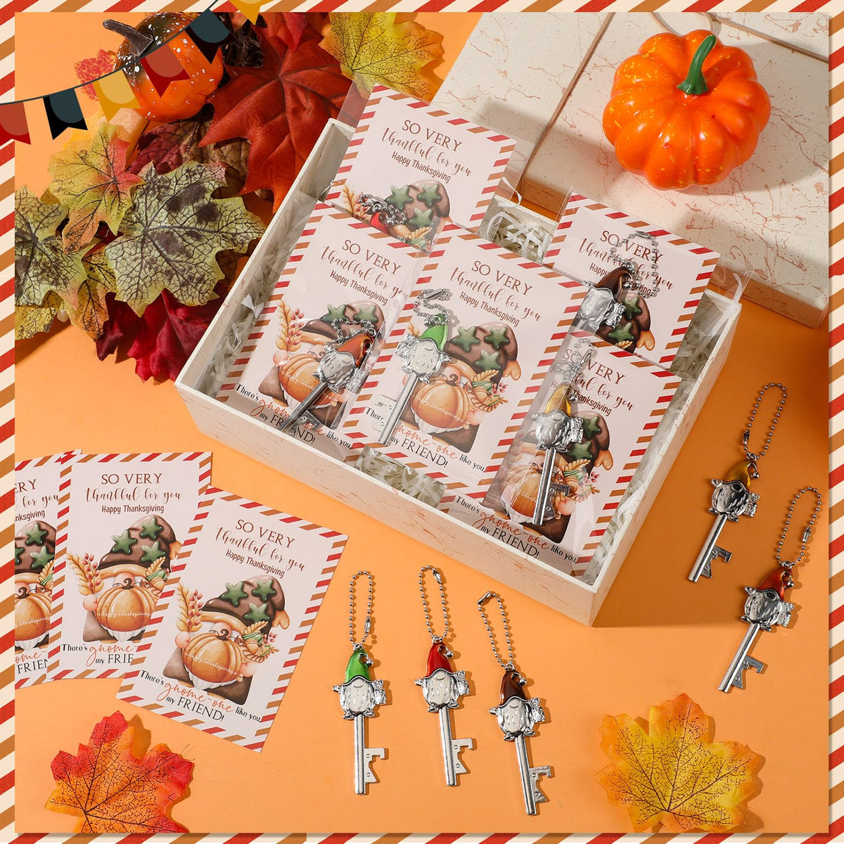 Vesici 20 Set Thanksgiving Gift Gnomes Key Bottle Opener Bulk with Thanksgiving Gnomes Pumpkin Thank You Cards Harvest Party Favors Fall Theme Appreciation Gift for Coworkers Employee Team