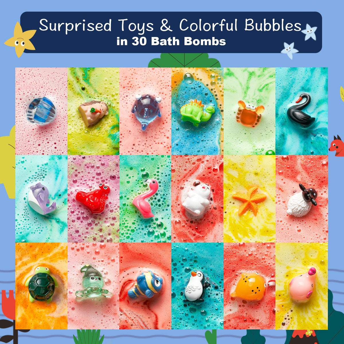 30 Kids Bath Bombs with Surprise Inside – Gift Set with 30 Unique Land & Sea Animal Toys, Fun, Educational, and Child-Safe Natural Bath Bombs with Toys, Great Gift for Kids’ Birthdays & Christmas
