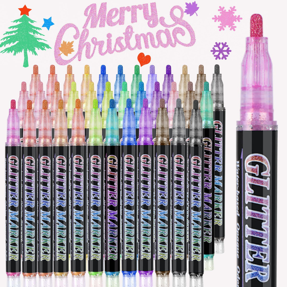 OLINGYOU Glitter Marker Pens,36 Colors Self-Shimmer Metallic Markers,Glitter Paint Pens DIY Crafts Greeting Birthday Cards, Making Poster,Album,Scrapbooking,Wood，Mugs