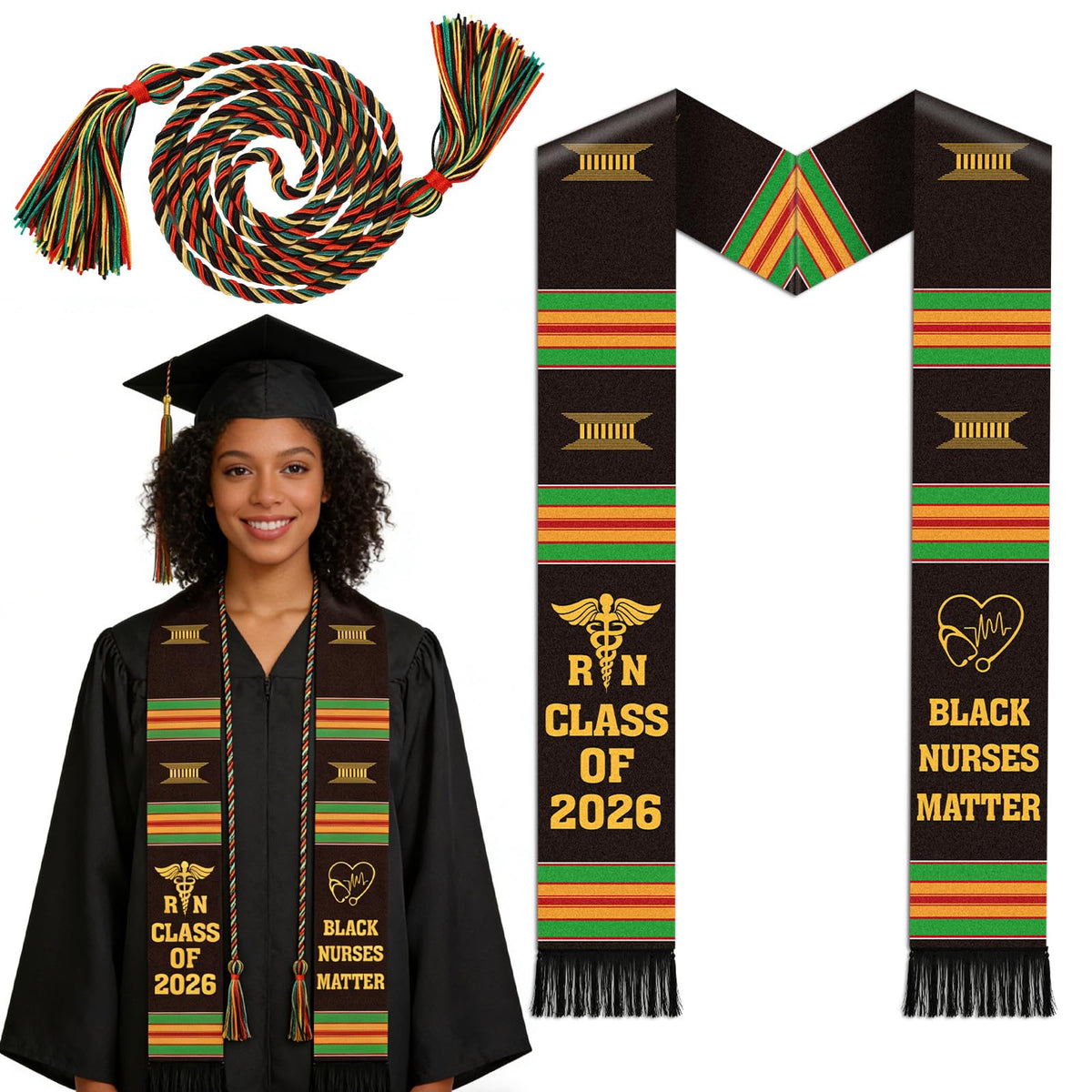 Silkovahamd RN Black Nurses Grauation Stole - Kente Graduation Stole Honor Cord, 2026 Nursing School Black Female Nurse Graduates Medical Academic Ceremony Accessory Gifts