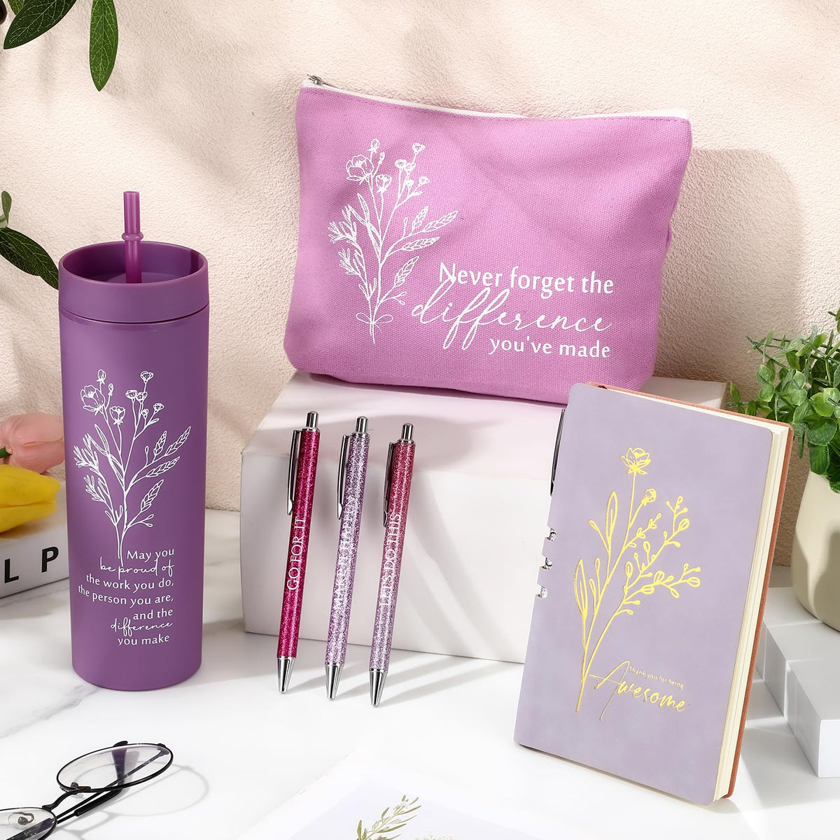 Funnymoom 6 Pcs Employees Appreciation Gift Set for Women, Teacher Principal Appreciation Gifts, Thank You Box for 16 oz Tumbler Makeup Bag Journal Pens Mother's Day for Nurse Mentor Coworke