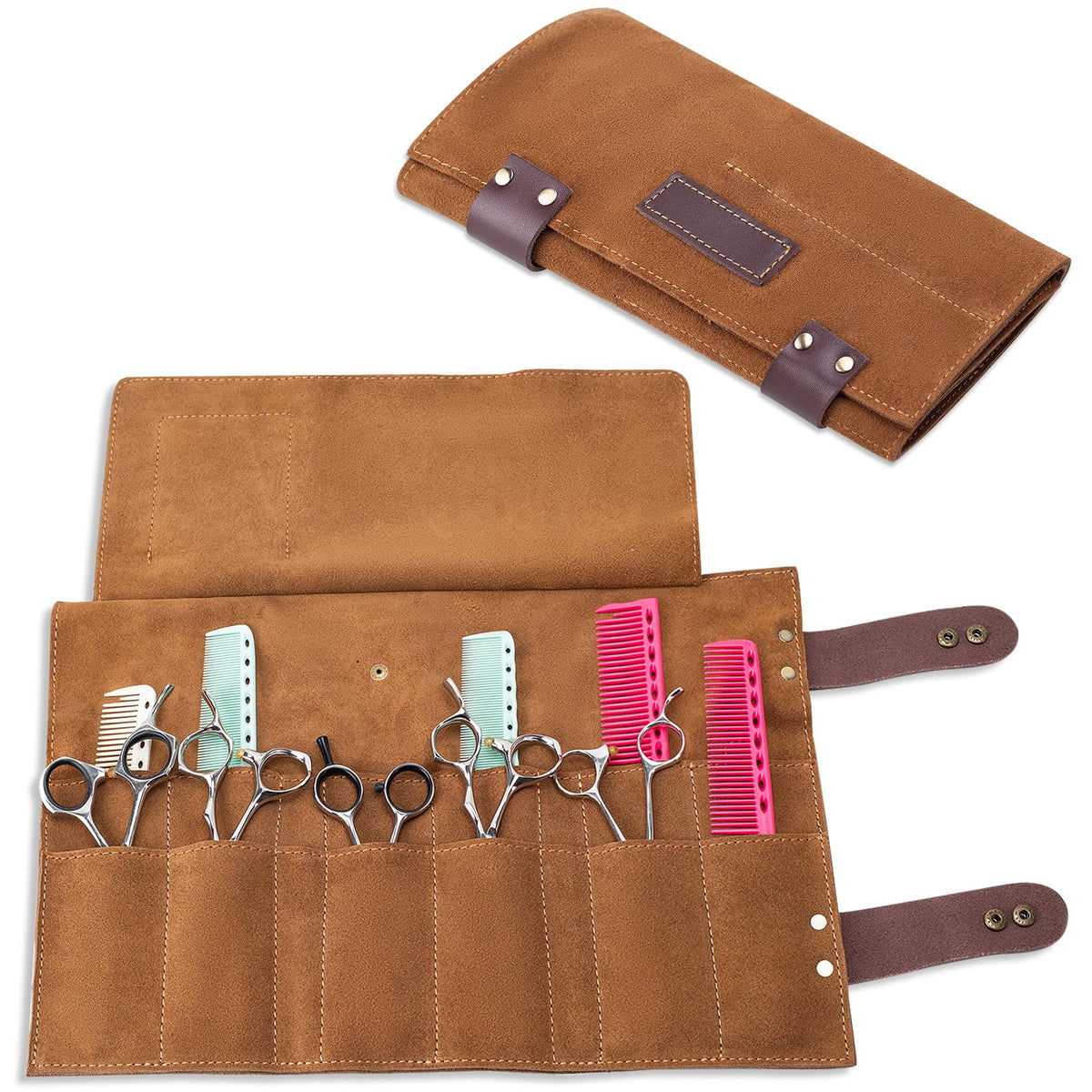 Hair Stylist Scissor Holder Pouch Cases for Hairdressers, Real Leather Scissor Roll Up Bag, Salon Tools Organizer for Barber Hairdresser (V-001-Brown)