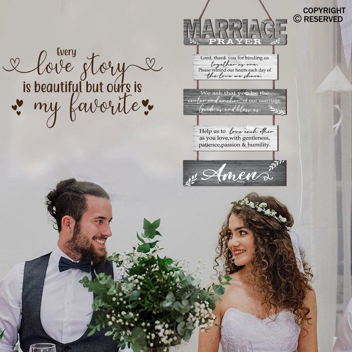 Buecasa Marriage Rustic Sign with 5pcs Panels Strung Together - Bridal Shower Gift for Couples Wife Husband - Christian Religious Inspiring Home Decor Newlywed