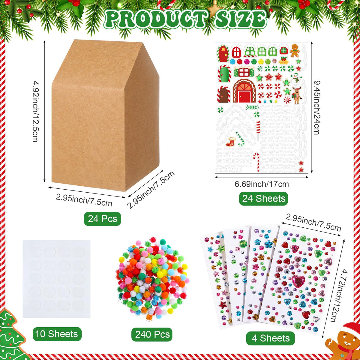 Dianelhall 24 Sets Christmas Gingerbread House Cardboard DIY Gingerbread House Craft Kits with Pom Poms Stickers for Christmas Holiday Party Favors Supplies Decorations Xmas Home Game Activities