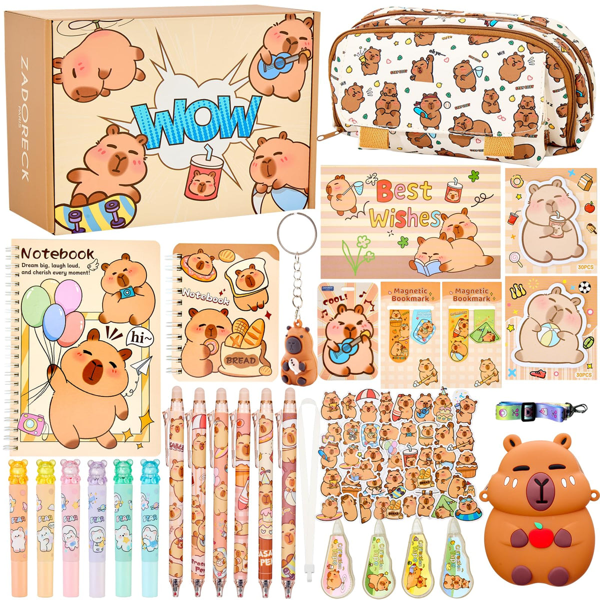 Zadoreck Cute Capybara Stationery Gift Set for Kids,30 Piece Animal Theme School Supplies Kit with Pencil Case,Notebook & Stickers,Practical and Fun for Birthday,Easter& Festivals Gift Girls Boys