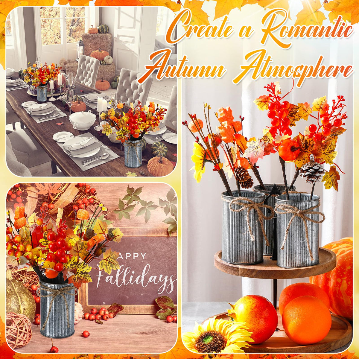 Zeyune 3 Sets Fall Thanksgiving Table Centerpiece Decoration Harvest Artificial Flower Stem Pumpkin Maple Berry Pick with Metal Pot for Autumn Rustic Farmhouse Home Kitchen Dining Indoor Decoration