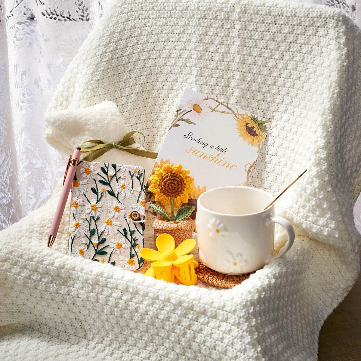GivLovely Thinking of You Gifts for Women & Cozy Self Care Gift Box | Get Well, Birthday | Sunflower Themed Care Package | A Sending Sunshine Hug in a Box