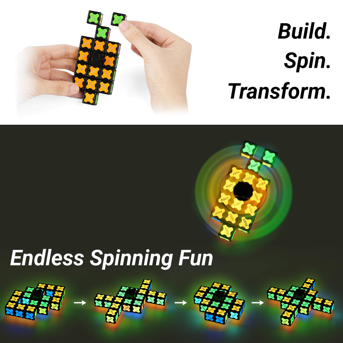 TOSY Magnet Fidget Spinner Glow - 16 Blocks, 3in1 Toy: Transformable Fidget Spinner, Infinity/Puzzle Cube, Easter Basket Stuffers Gift for Kids/Adults, Glowing STEM Sensory Stress Relief