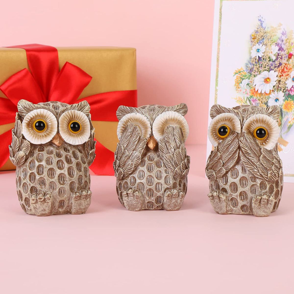 FriyGardcn Set of 3 Owl Statues Home Décor, Cute Owl Figurines for Shelf, Living Room Bedroom Office Desktop, Bookshelf, Animal Sculptures Gifts,Small Decor Accents Items for Birds Lovers