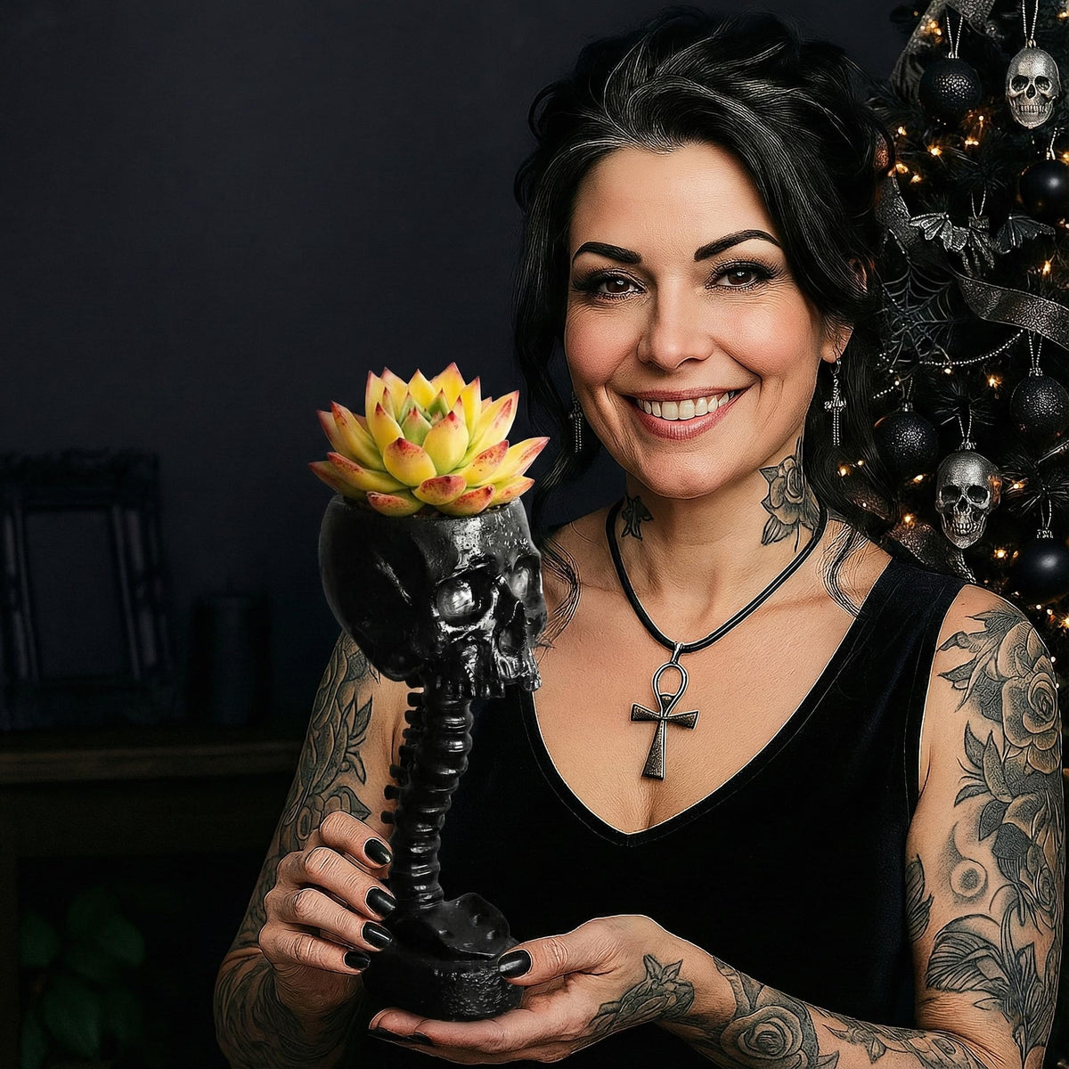 Skull Planter Spine Gothic Vase - Black Skull Candy Bowl, Horror 11.6" Halloween Flower Vase Goth Decor, Spooky Home Decor Skeleton Planter Pot, Candle Holder, Spooky Gifts For Women, Men, Girlfriend.