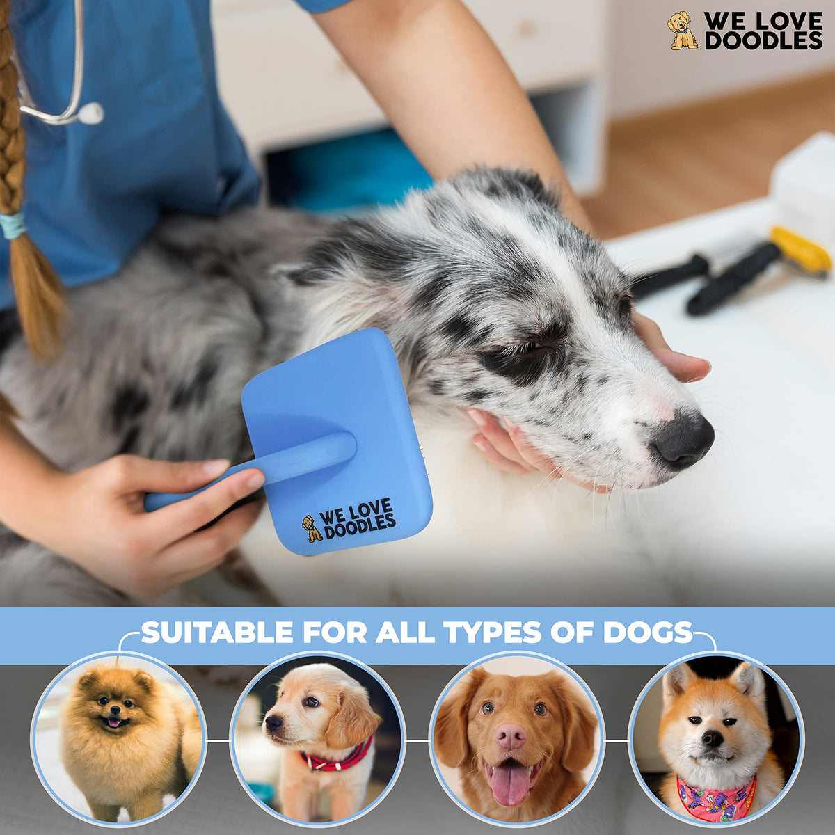 We Love Doodles Dog Gloves Wipes & Dog Slicker Brush Bundle - Pet Bathing Wipes for Dogs, Paws, Face, Body, Ears - Pet Grooming Detangler Pin Dog Brush, Goldendoodle Long Pin Brush for Dematting
