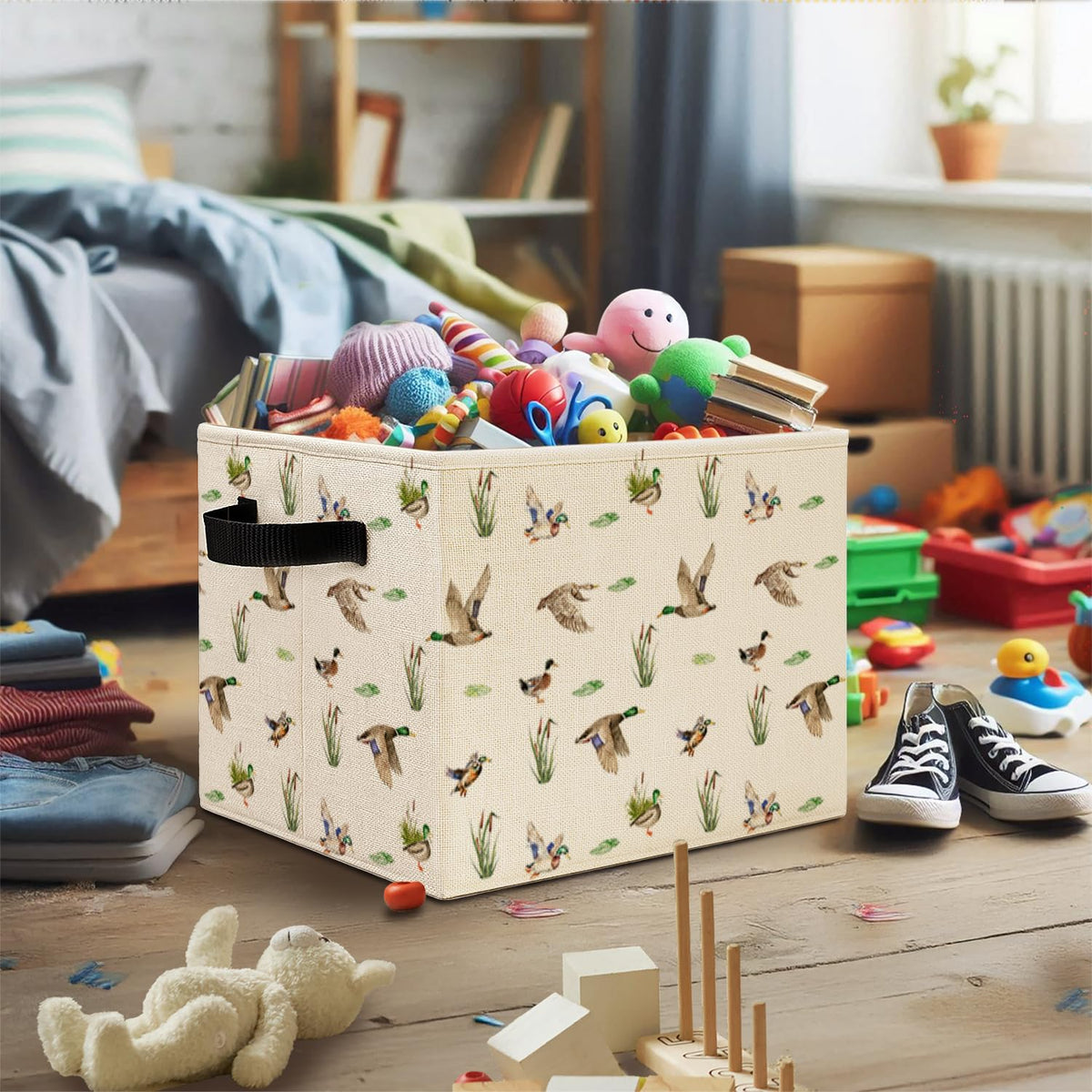 Elefeltclave Mallard Duck Nursery Storage Bins, Farmhouse Wild Green Head Ducks Hunting Collapsible Storage Basket Organizer for Kids Bedroom Bathroom Clothes Toys Books,Toybox for Girls