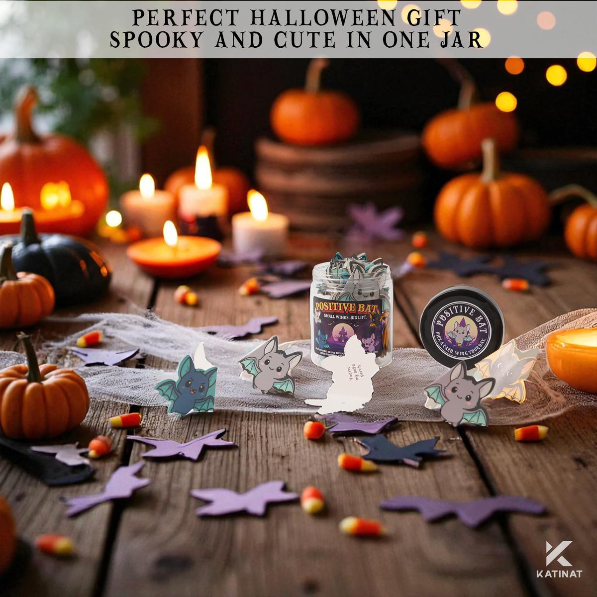 Positive Bat Jar, Emotional Inspirational Support Bats with 60 Affiramtion Cards, Halloween Gifts for Women Kids Teens Friends, Boo Halloween Basket Stuffers for Women